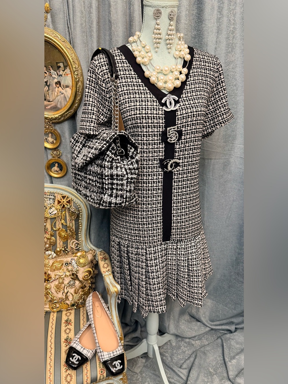 Elegant Black and White Tweed Shoes and Bag